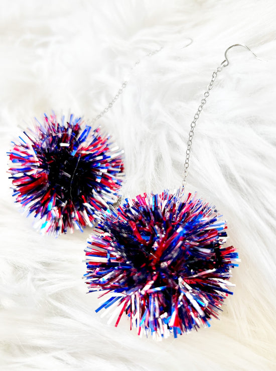Load image into Gallery viewer, Red, silver and blue Pom Pom Dangles
