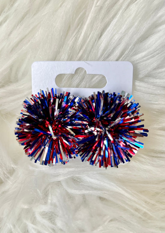 Load image into Gallery viewer, Red, silver and blue Pom Pom Stud
